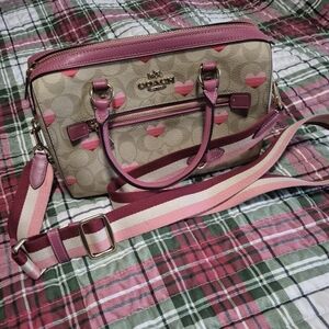 Coach Rowan Heart-Patterned Pink and Tan Satchel